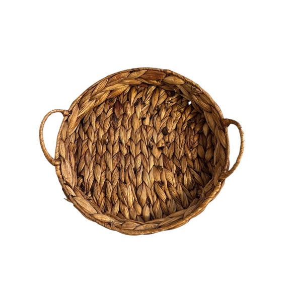 Round Arrow Weave Woven Serving Tray Basket Handles Handmade Brown - Picture 2 of 4